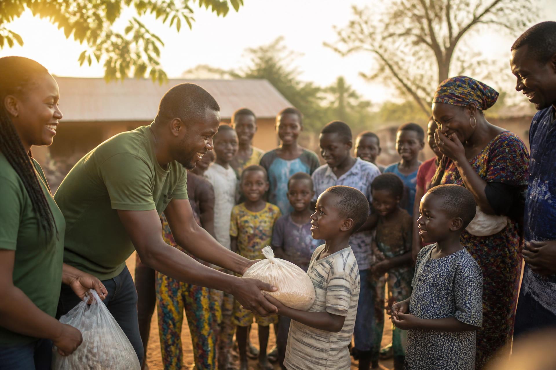 Volunteers sharing food supplies with families in a local community